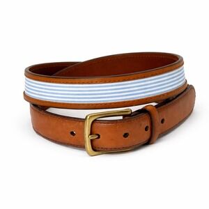 Preppy Classic Mens Leather Fabric Trimmed Striped Belt Brass Buckle Size 36